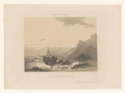 Figuren bij een vissersboot op het strand