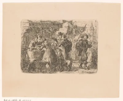 Figuren bij een winkelkraam op een markt