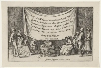 Figuren bij manden met vruchten en groenten