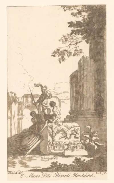 Figuren bij ruïnes en sculpturen