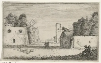 Figuren bij ruïnes van een dorp