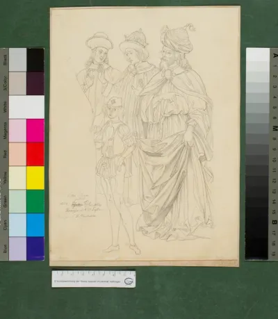 Figuren des rechtsen Randes nach dem Gemälde der Hl. Berhardin von Siena heilt post mortem einen Blinden von Perugino und Pintoricchio ursprünglich aus San Francesco al Prato in Perugia