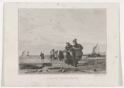 Figuren dragen een drenkeling aan land