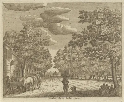 Figuren en boerenkarren bij een herberg