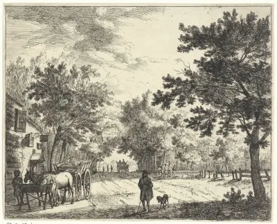 Figuren en boerenkarren bij een herberg