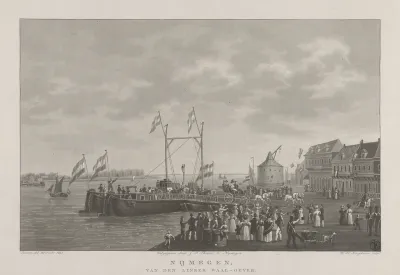 Figuren en boten aan de Waaloever in Nijmegen