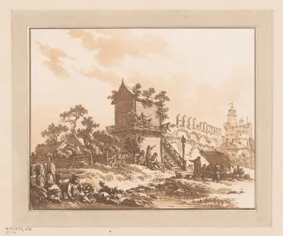 Figuren en een kraam voor een huis bij een stadsmuur
