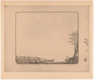 Figuren en een palmboom aan een oever in Batavia