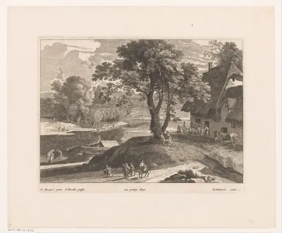 Figuren en lastdieren bij herberg aan rivier