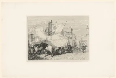 Figuren en paarden in de haven van Fécamp