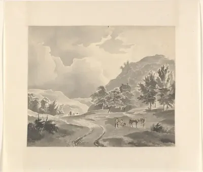 Figuren en paarden langs een pad in een berglandschap