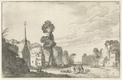 Figuren en vee in een dorp met een kerk