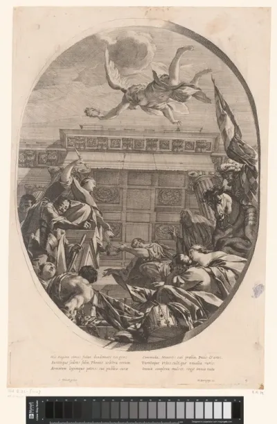 Figuren in aanbidding voor Justitia