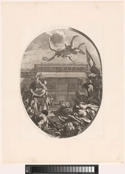 Figuren in aanbidding voor Justitia