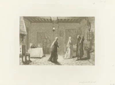 Figuren in een binnenzaal van een kasteel