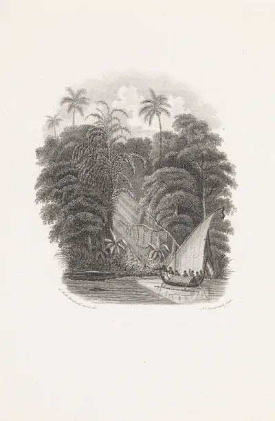 Figuren in een boot op een rivier