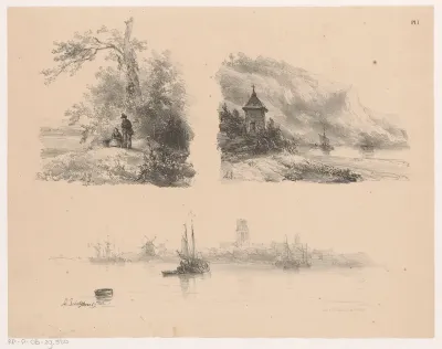 Figuren in een bos, een rivier langs bergachtige kust en boten op het water