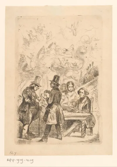Figuren in een café drinken en vertellen verhalen