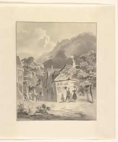 Figuren in een dorp in een berglandschap