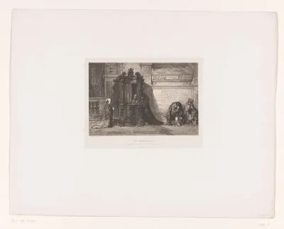 Figuren in een kerk rondom een biechtstoel