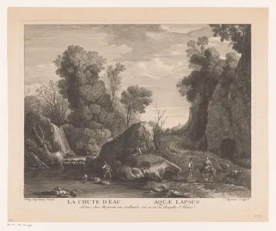 Figuren in een landschap met waterval