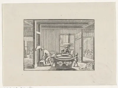 Figuren in een papierwerkplaats aan het werk