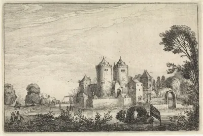 Figuren in een plezierboot bij een kasteel