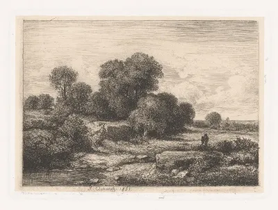 Figuren in een rivierbedding met bomen
