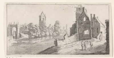 Figuren in een rivierlandschap met ruïnes