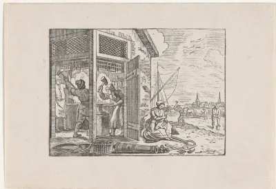 Figuren in een smederij en op het land aan het werk