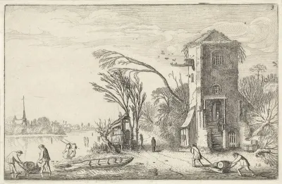 Figuren in een winterlandschap met een toren
