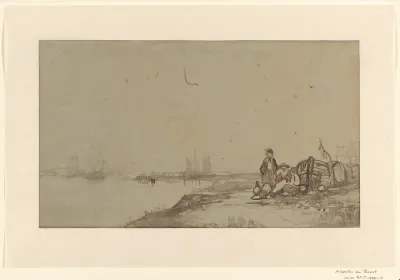 Figuren in gesprek aan de oever van een bevaren rivier