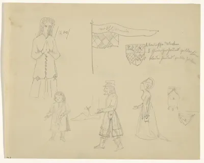 Figuren in historische kostuums, kostuumdetails, een vaandel en een wapen