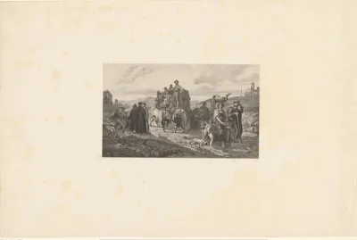 Figuren in ossenwagen in Italiaans landschap