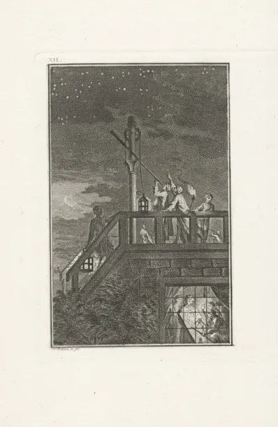 Figuren met een sterrenkijker bij nacht