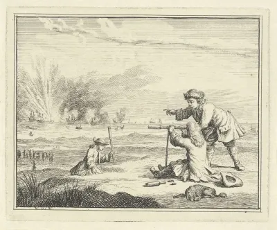Figuren met een verrekijker slaan een zeeslag gade