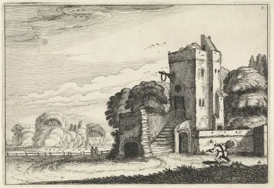 Figuren met een vogelmand bij een toren in een landschap