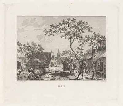 Figuren met huisraad in een dorpsstraat