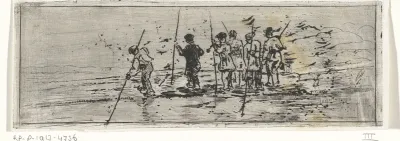 Figuren met vaarbomen op een drijvend vlonder