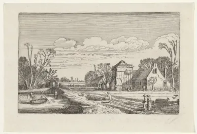 Figuren op een landweg bij een boerderij
