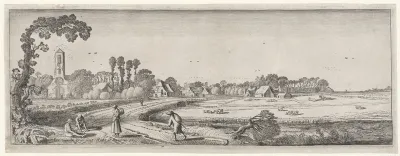 Figuren op een pad bij een dorp