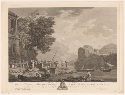 Figuren op een terras aan een meer met boten