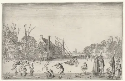 Figuren op het ijs bij een huis