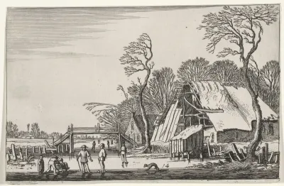 Figuren op het ijs bij een vervallen boerderij