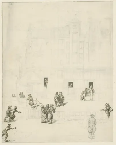 Figuren op het ijs van bij het uitgebrande huis op de Leidsegracht, 1684