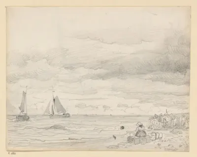 Figuren op het strand, wachtend op de aankomst van de vissersboten