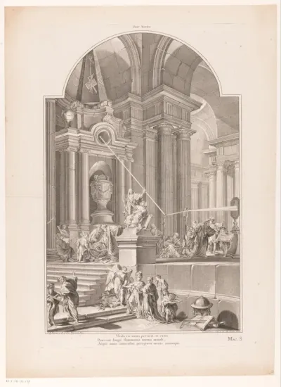 Figuren rond een allegorisch grafmonument voor Isaac Newton