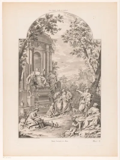 Figuren rond een allegorisch grafmonument voor Robert Boyle, John Locke en Thomas Sydenham