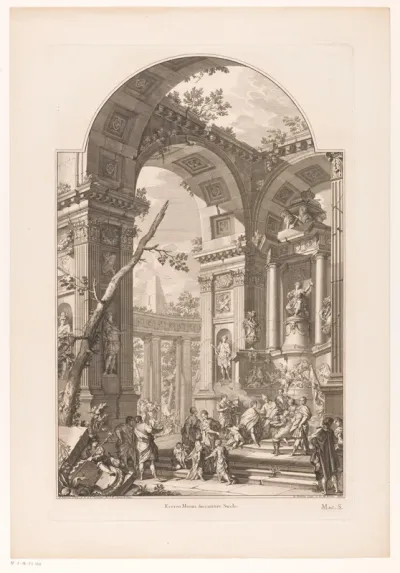 Figuren rond een allegorisch grafmonument voor Willem III, prins van Oranje en koning van Engeland, Schotland en Ierland