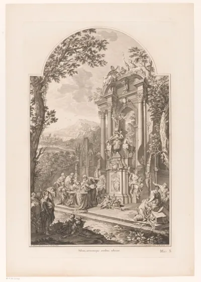 Figuren rond een allegorisch grafmonument voor William Cowper